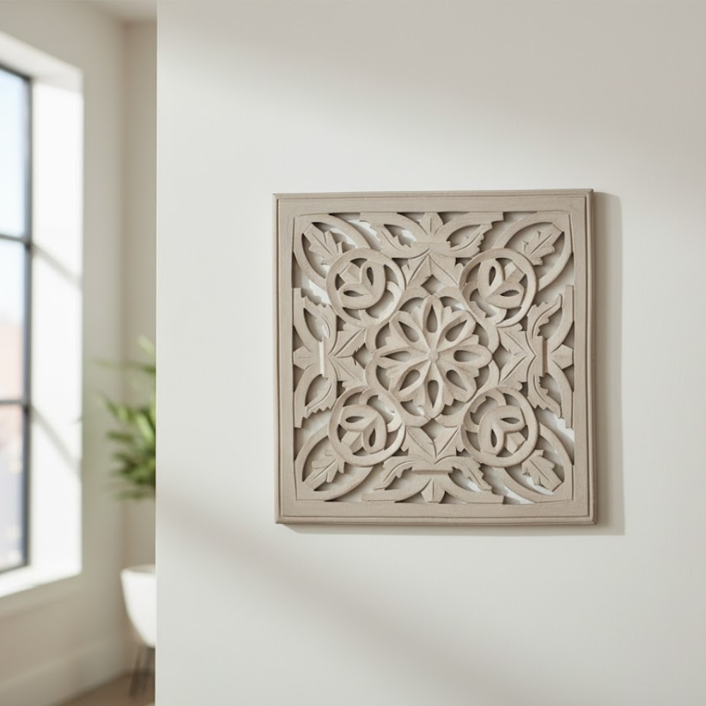 Taupe MDF Medallion Wall Plaque – Handcrafted Vintage Boho Floral Wall Décor