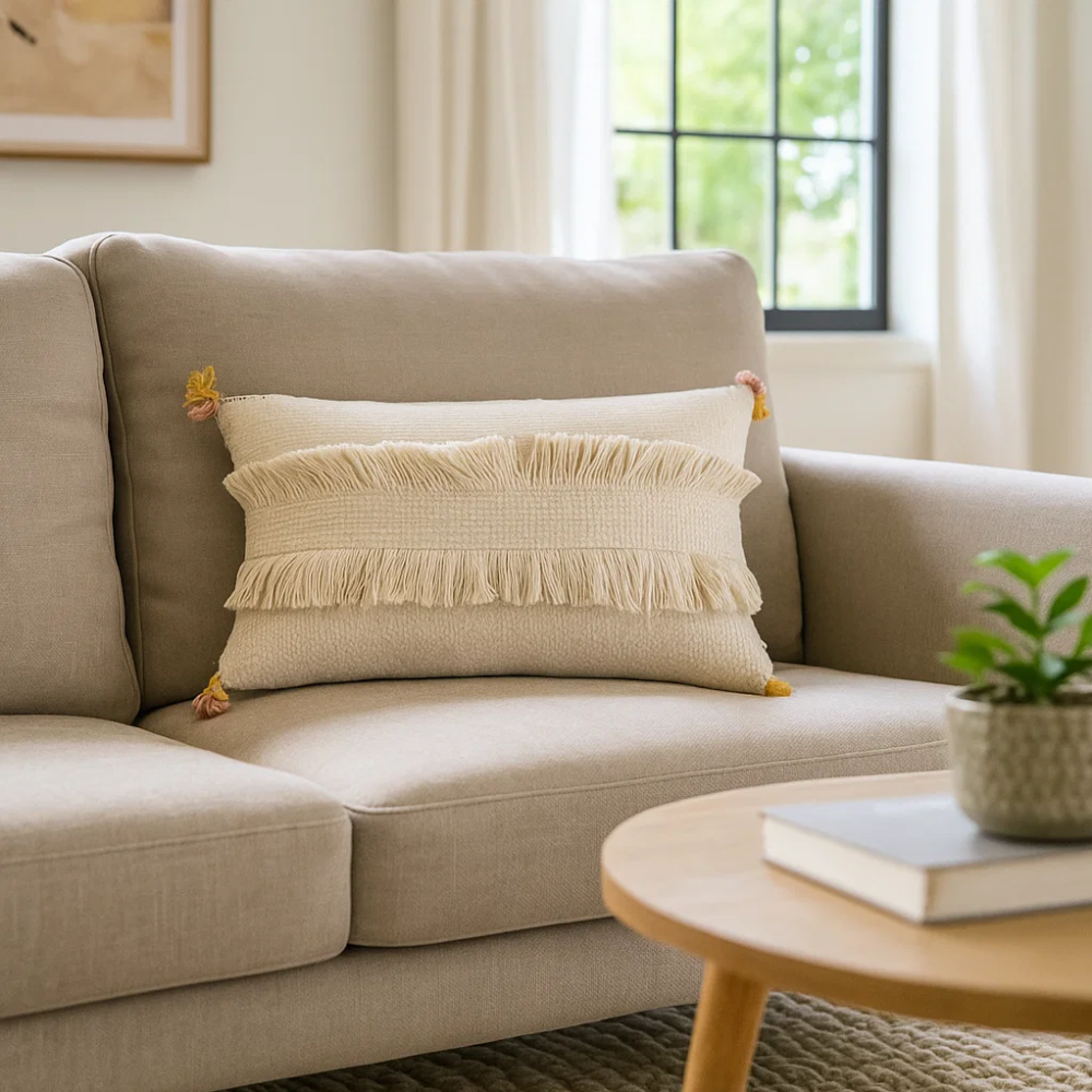 Handwoven Fringed Lumbar Cotton Cushion Cover – Artisan Decorative Sofa Cushion Cover