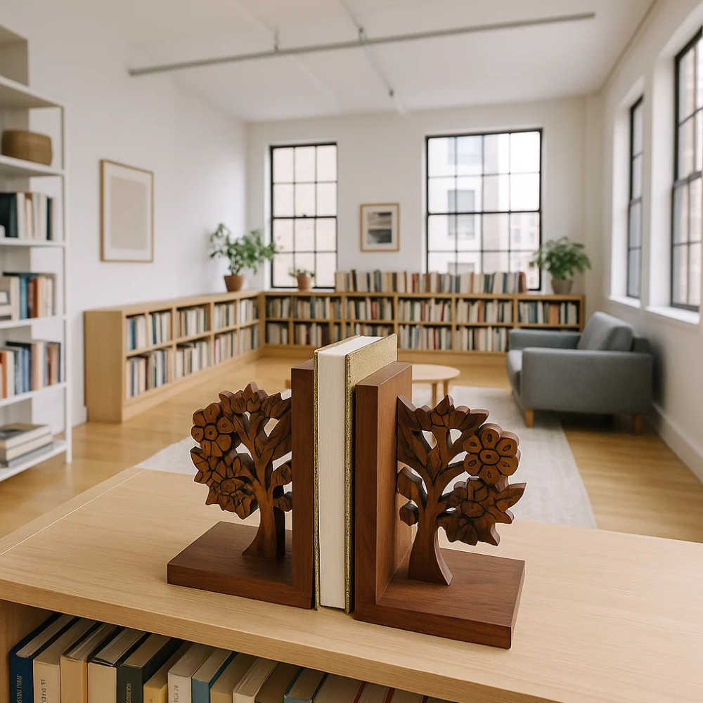 Hand Carved Solid Wood Tree Bookends (Set of 2) – Rustic Artisan Wooden Bookends with Tree Motif