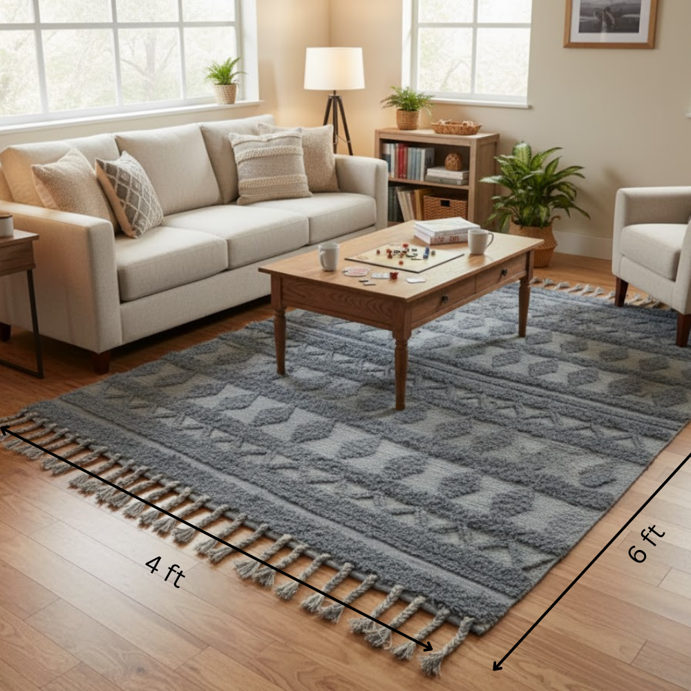 Tufted Ash Grey Tasseled Rug – Hand-Tufted Cotton Rug with Tassels
