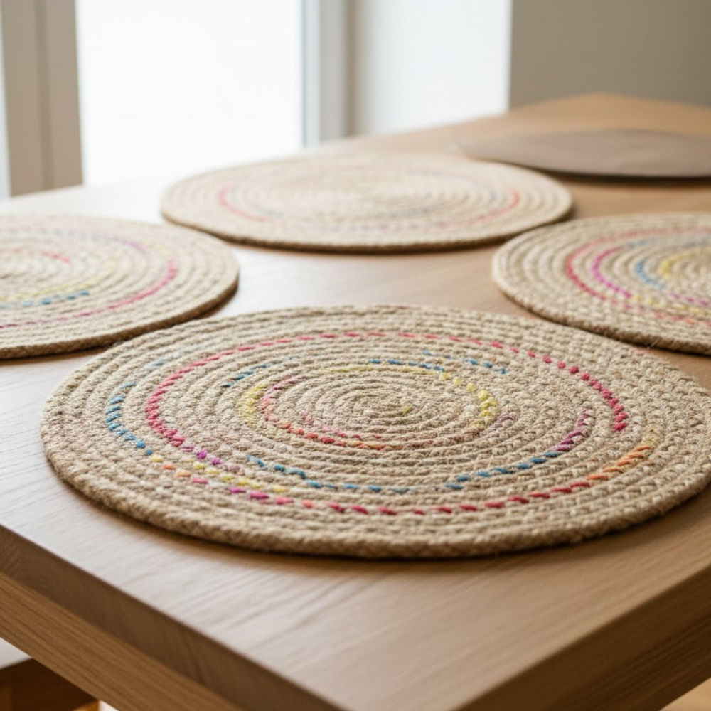Hand Braided Jute Placemats (Set of 7) – Eco-Friendly Dining Table Mats in Natural Jute