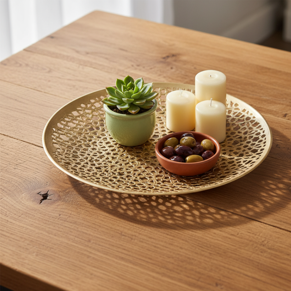 Latticed Iron Decorative Tray – Handcrafted Gold Decor Tray