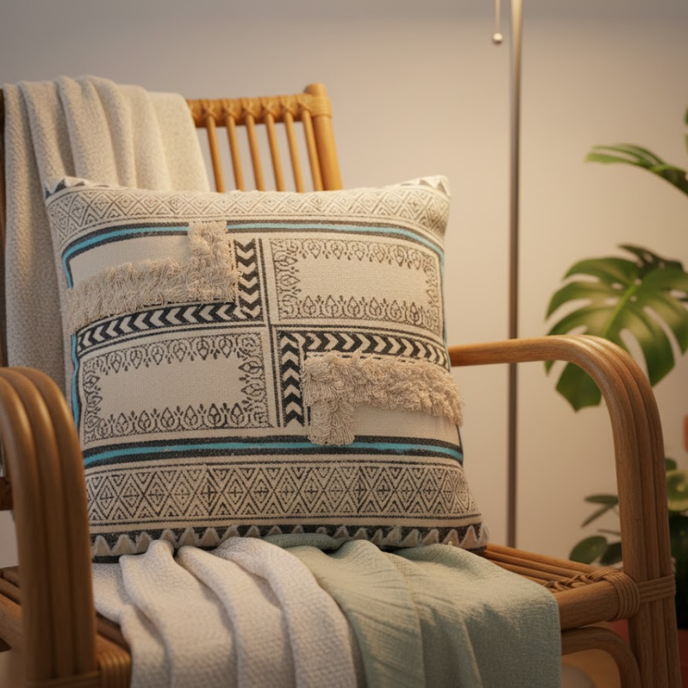 Block Printed Cotton Cushion Cover – Geometric Design