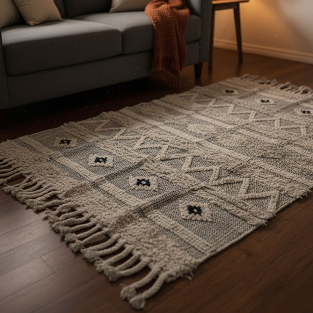 Textured Rug with Panels & Braided Tassels – Handwoven Cotton Rug