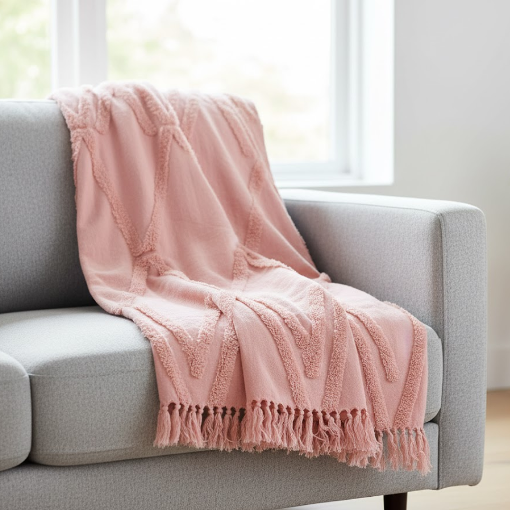 Chunky Pastel Cotton Tasseled Throw – Handwoven Artisan Cotton Throw with Tufts & Tassels