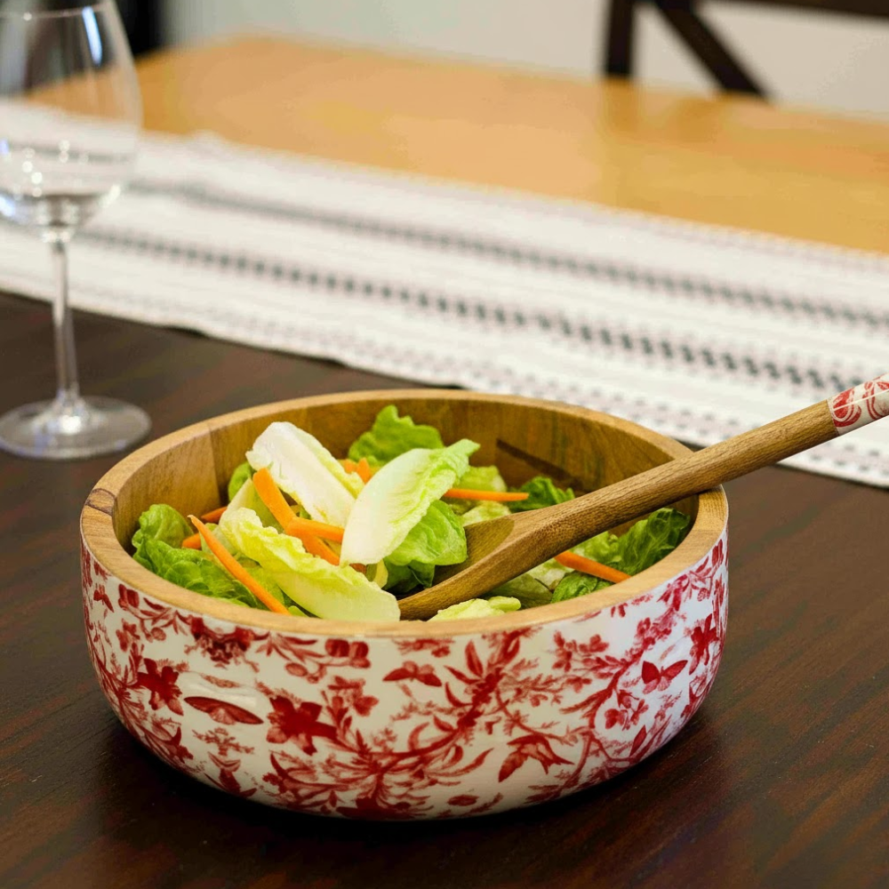 Floral Wooden Salad Bowl with Servers Set – Handcrafted