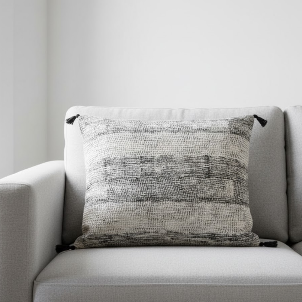Tasseled Black Lines Lumbar Cotton Cushion Cover – Handwoven Sofa Cushion Cover