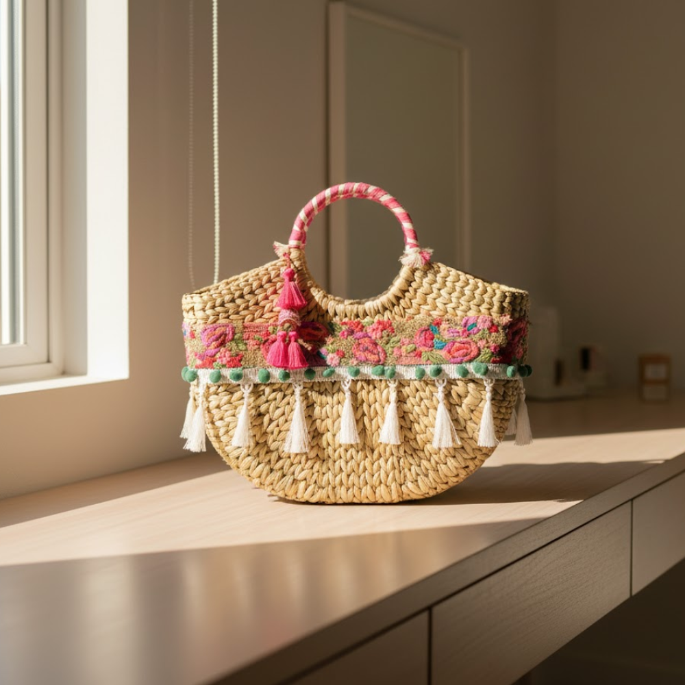 Floral Basket Woven Handbag – Cane Moon Bag for Women