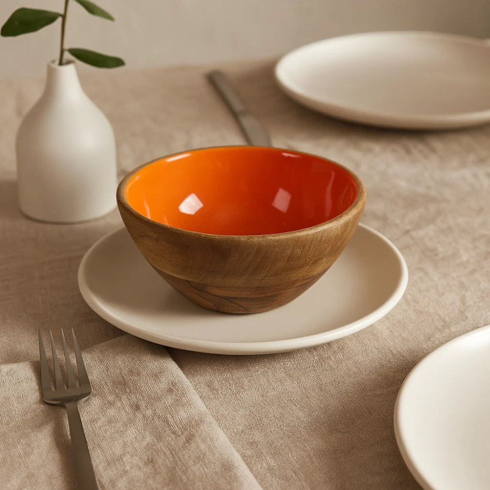 Enamelled Mango Wood Orange Serving Bowl – Bowl for Dining & Décor