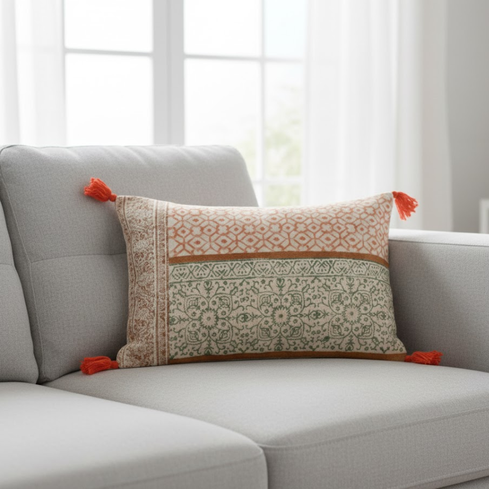 Block Printed Floral Tasseled Lumbar Cotton Cushion Cover