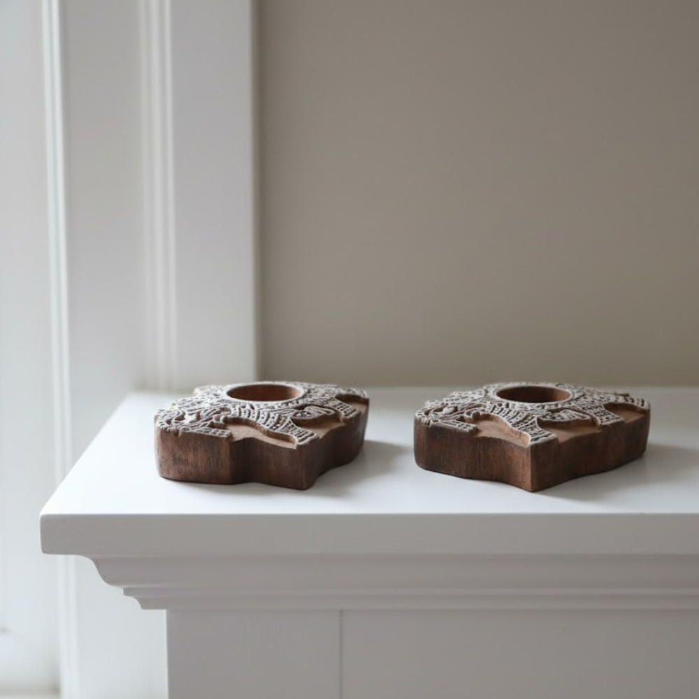 Hand Carved Wooden Elephant Tealight Holders (Set of 2) – Artisan Wooden Candle Holders with Elephant Motif