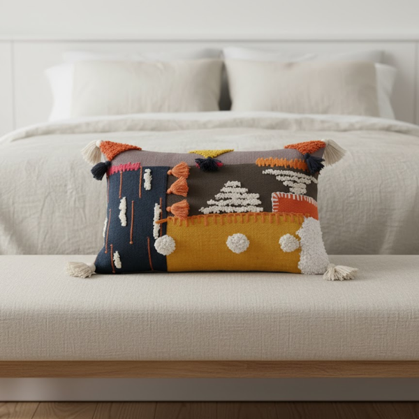 Grey Embroidered Lumbar Cushion Cover | Abstract Tasseled Cotton Decor
