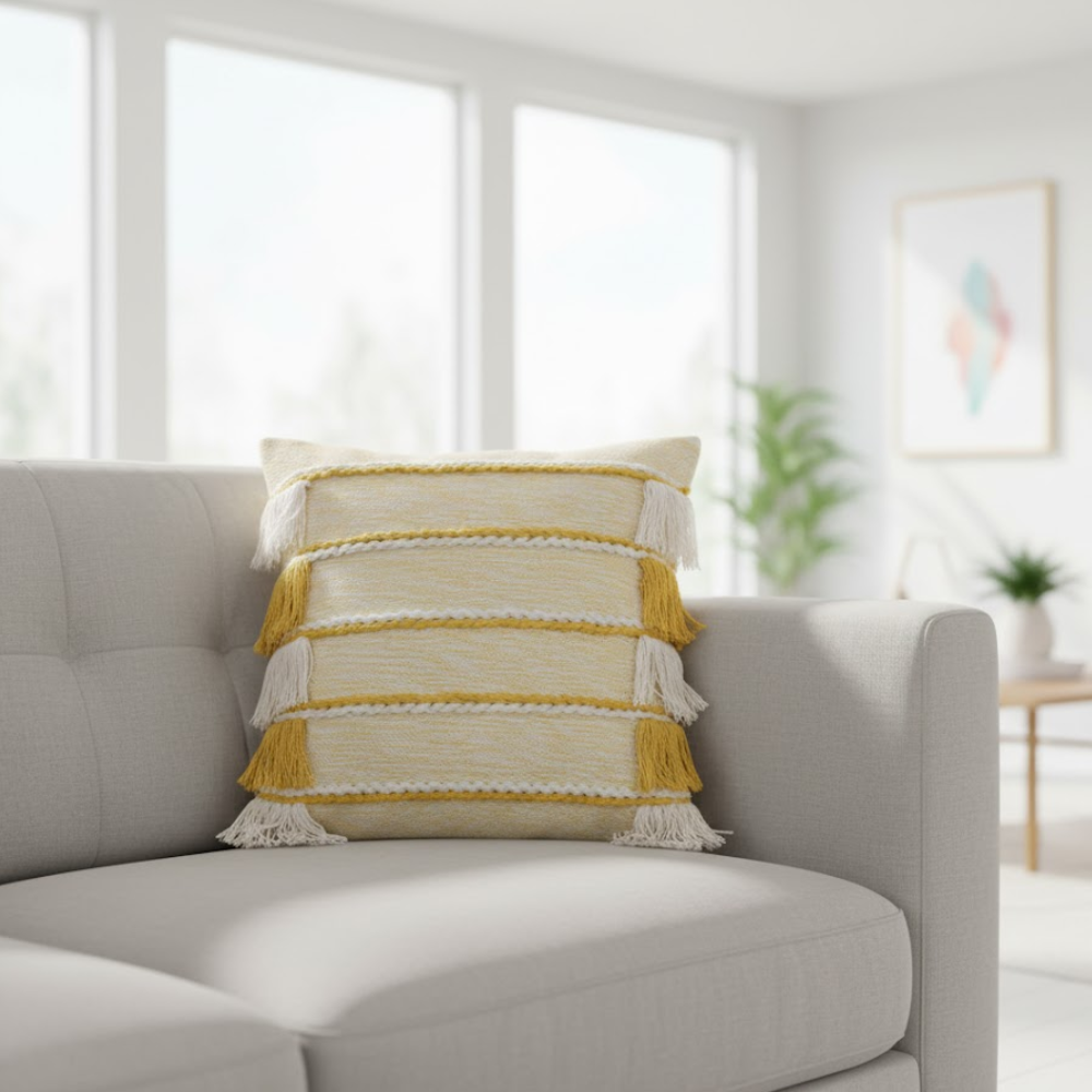 Woven Fringed Cotton Cushion Cover – Handwoven Yellow Sofa Cushion Cover with Concealed Zip