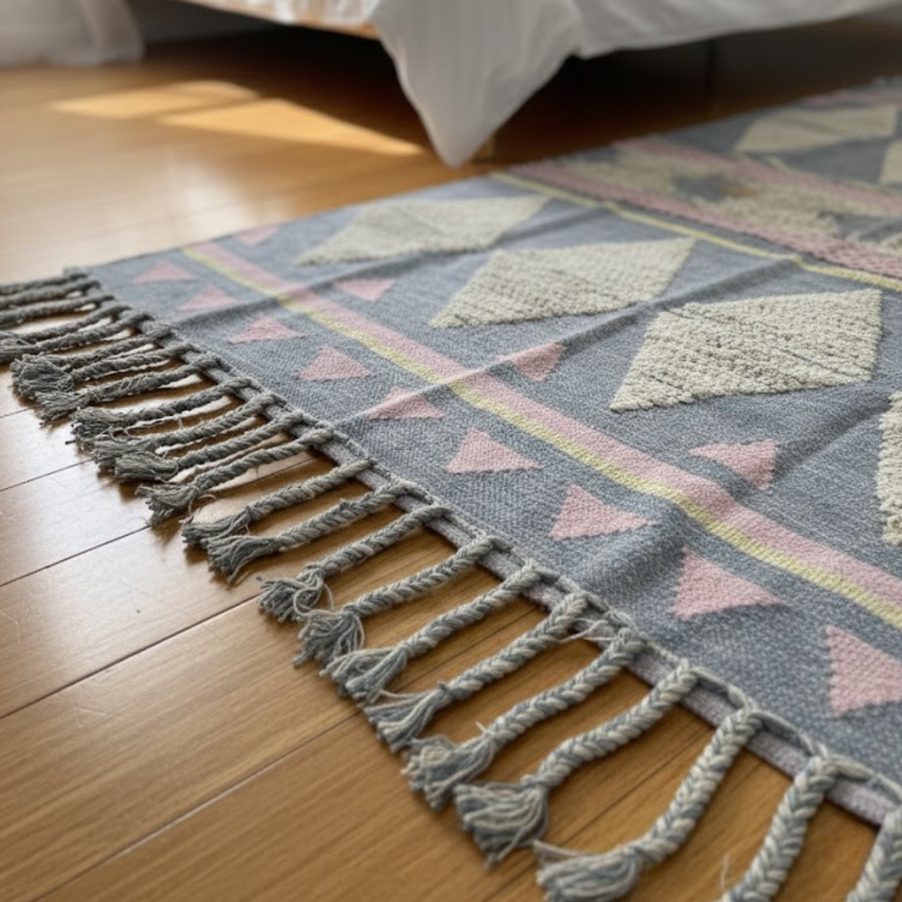 Geometric Fringed Rug with Tassel Braids – Handwoven Fringe Rug with Geometric Design
