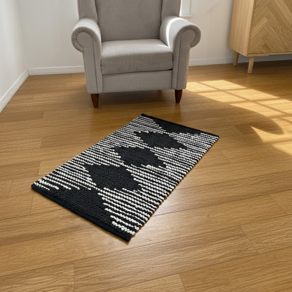Handwoven Cotton Monochrome Durry – Artisan Diamond Pattern Rug with Stripes