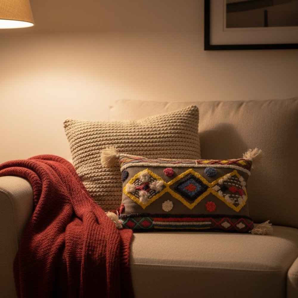 Diamond Embroidered Eclectic Tasseled Lumbar Cotton Cushion Cover