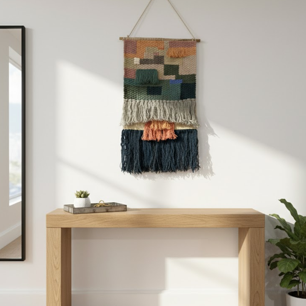 Earthy Diamond Wool Wall Hanging | Handwoven Boho Fringe Decor