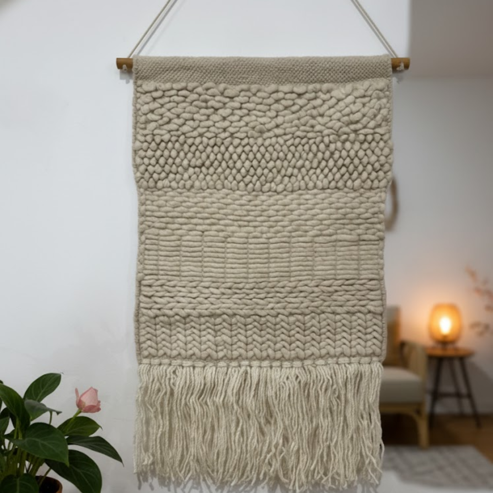 Fringed Woolen Boho Wall Hanging – Handwoven Wool Wall Décor with Textured Weave & Fringe Detailing