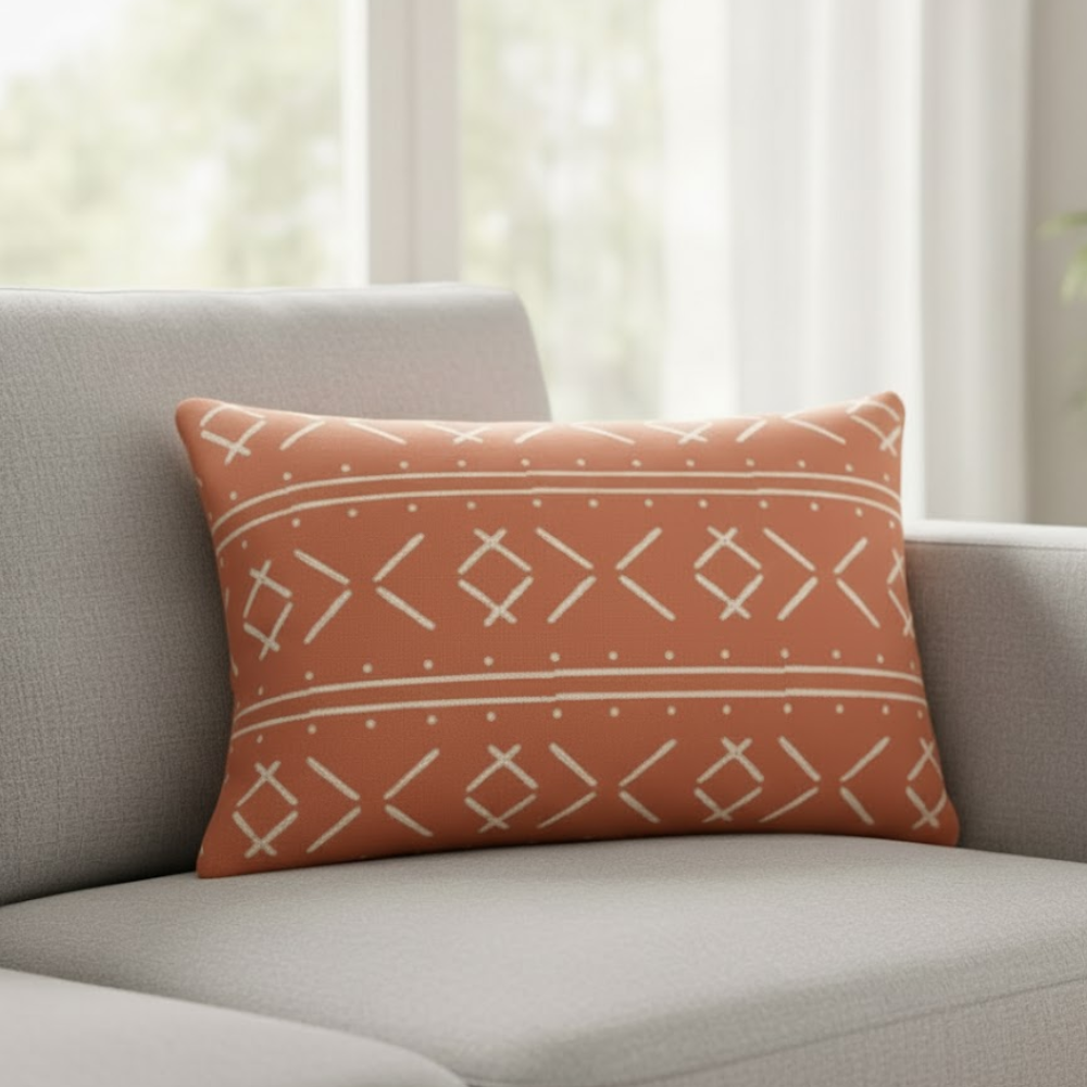 Tribal Monochrome Cotton Lumbar Cushion Cover – Hand Block Printed Sofa Cushion Cover with Tassels