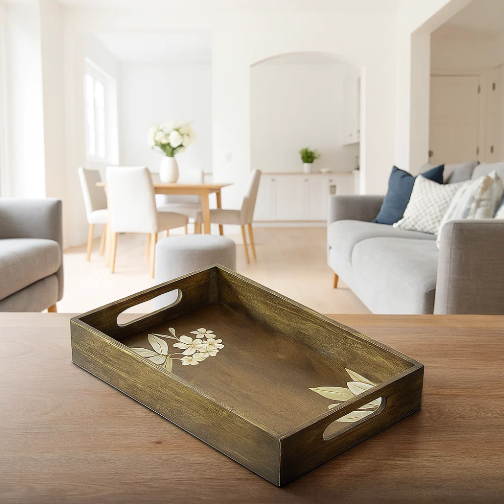 Frangipani Hand Painted Rectangular Wooden Tray – Artisan Wooden Serveware with Floral Hand-Painting