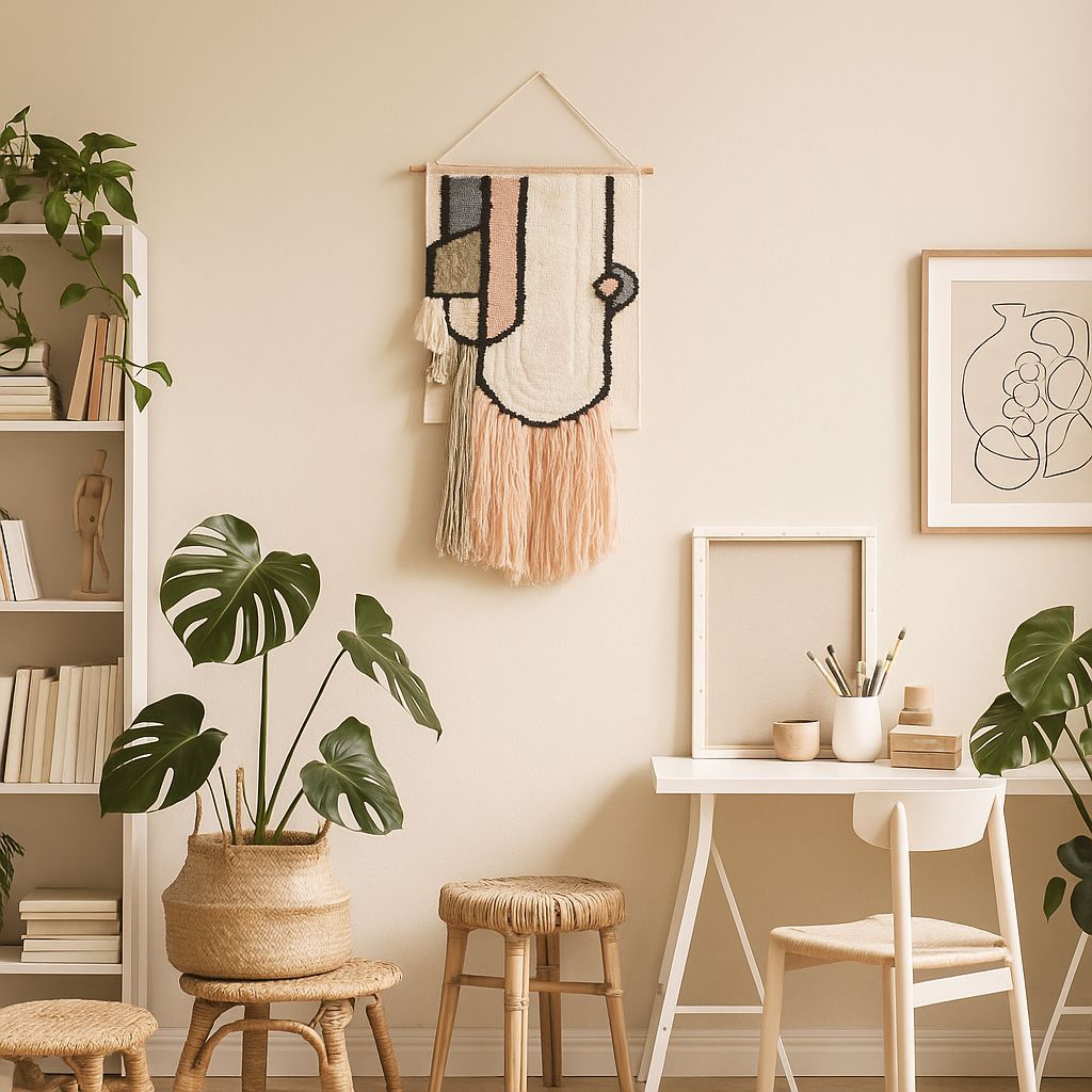 Pastel abstract wall hanging with cotton fringe – geometric boho decor for bedroom, nursery, or living room wall styling

