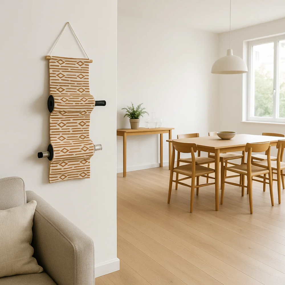 Rusty Orange Printed Wall Mountable Wine Rack – Hand Block Printed Cotton & Wood Wine Holder