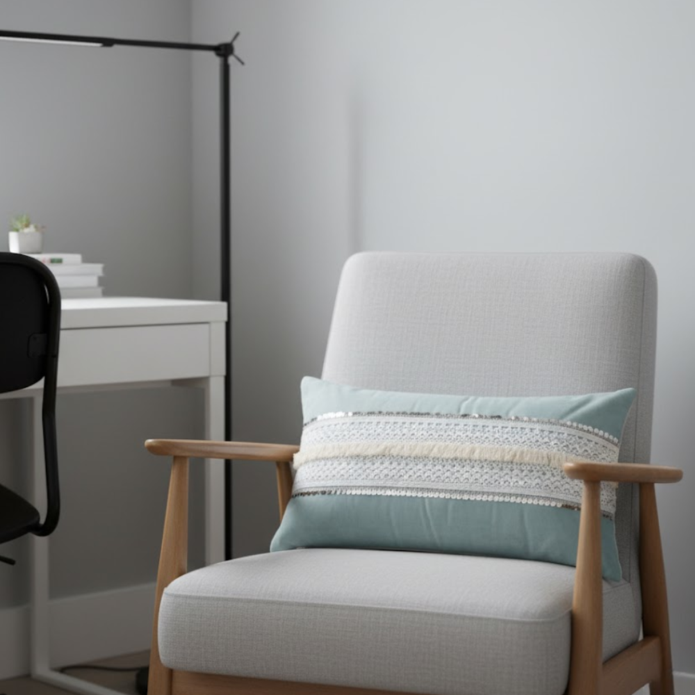 Lace & Sequin Embellished Powder Blue Lumbar Cotton Cushion Cover