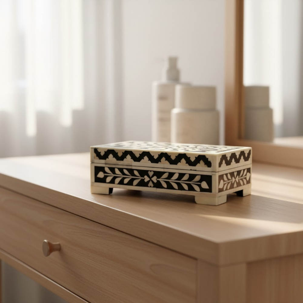 Inlay Work Monochrome Jewelry Box – Handcrafted Artisan Jewelry Storage