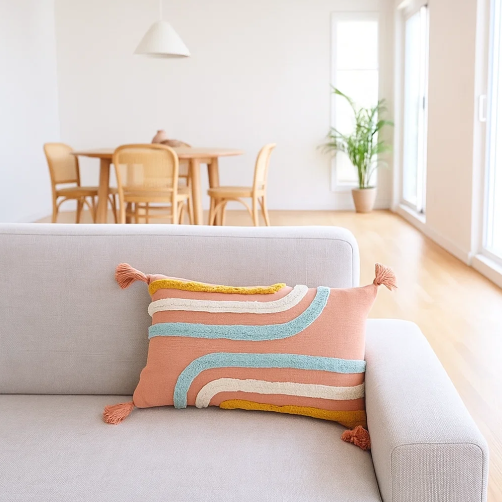 Woven Pink Cotton Cushion Cover – Handwoven Artisan Cotton Cushion with Boho Accents
