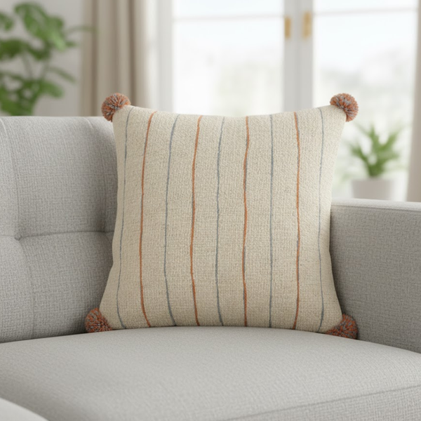 Pom Pom Cushion Cover | Handwoven Line Accent Cotton Boho Decor