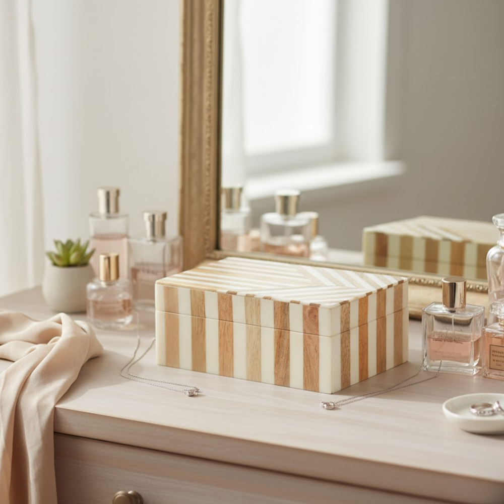 Neutral Striped MDF & Resin Jewelry Box
