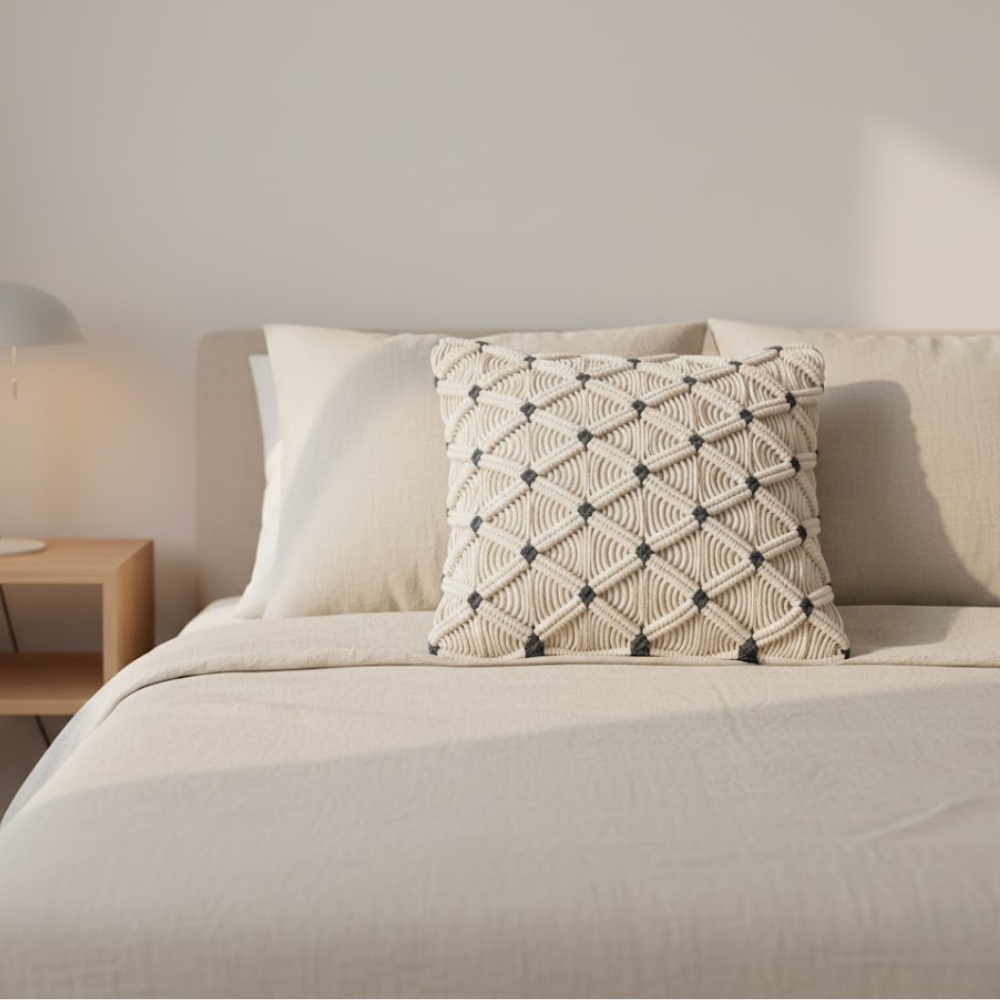 Bohemian Macrame Cushion Cover – Handcrafted Cushion Cover with Fringes for Sofa & Chairs