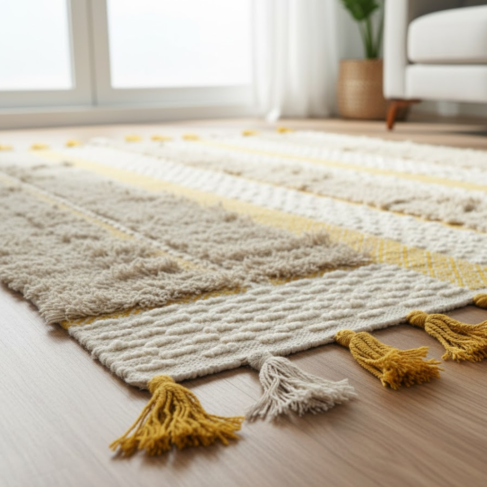 Handwoven & Tufted Tuscan Rug – Artisan Cotton Rug with Jacquard Weave, Tufts & Tassels