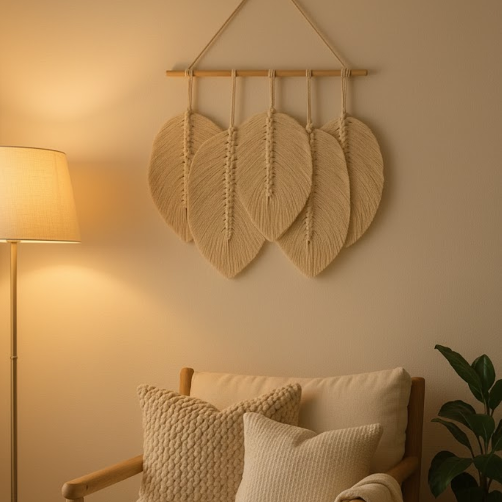 Feathered Macrame Leaf Wall Hanging – Handmade Boho Cotton Wall Décor