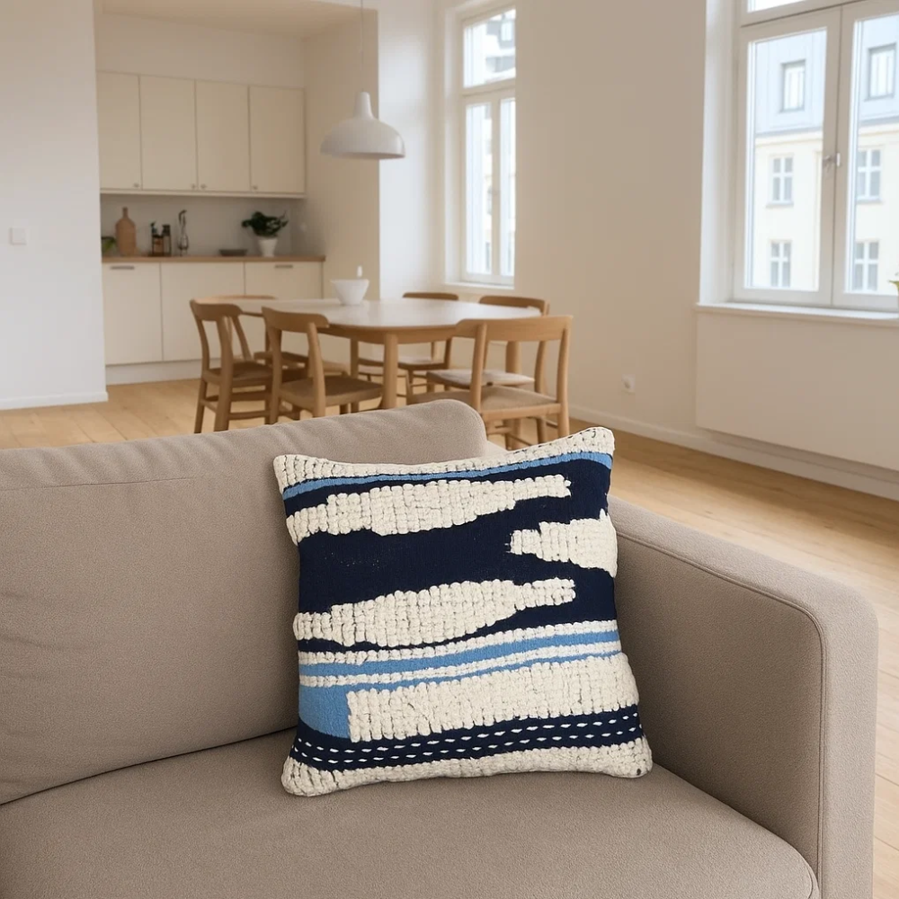 Woven Aqua Cushion Cover with Tufts – Handwoven Cotton Cushion Cover with Chunky Tufts