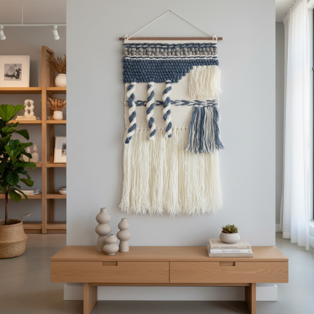 Handwoven Tufted Abstract Fringed Wool Wall Hanging