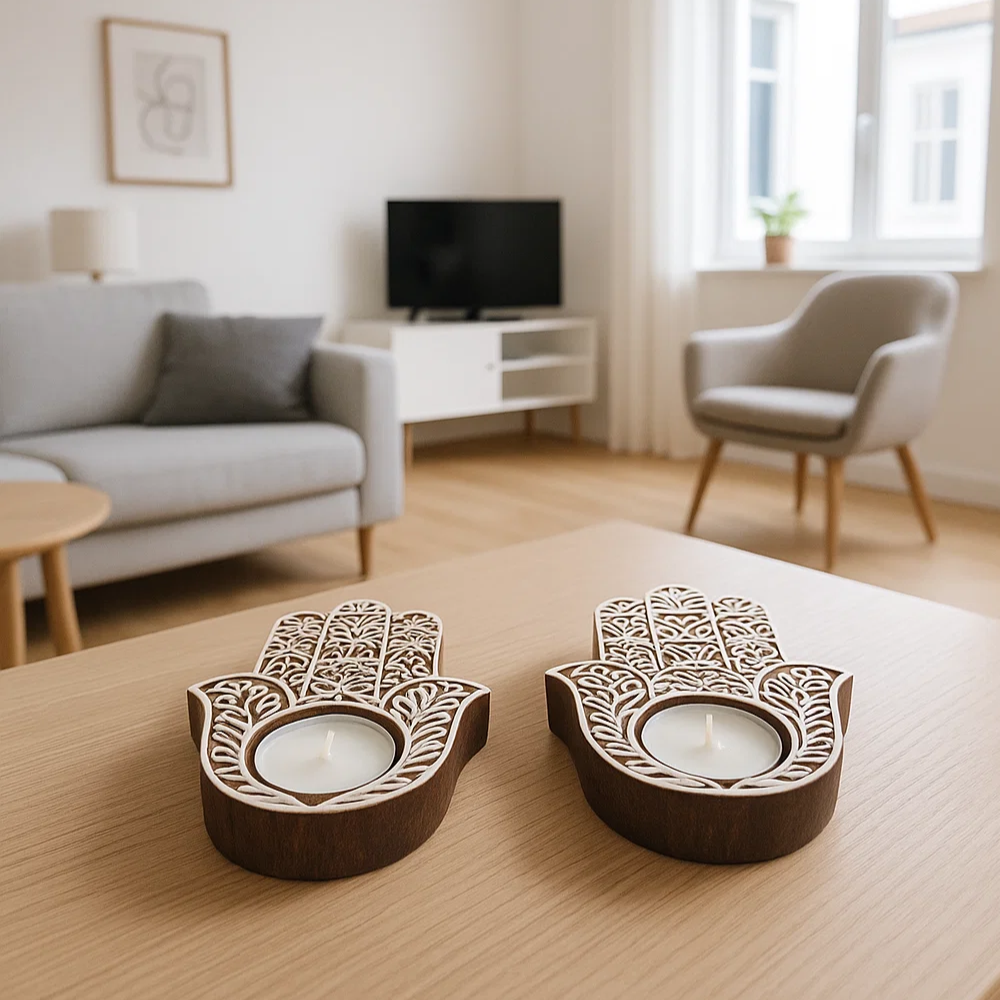 Hand Carved Wooden Hamsa Palm Tealight Holders (Set of 2) – Artisan Candle Holders with Protective Symbolism