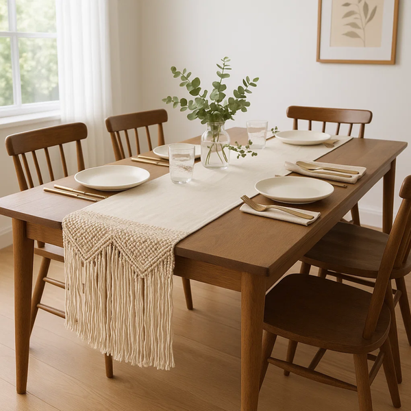 Macrame Table Runner | Hand Knotted Off-White Cotton Fringe