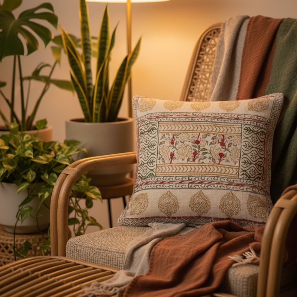 Floral Block Printed Cotton Cushion Cover