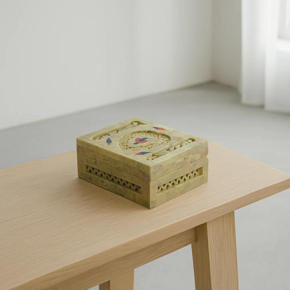 Soapstone Jewelry Box – Hand-Inlaid Semi-Precious Stones