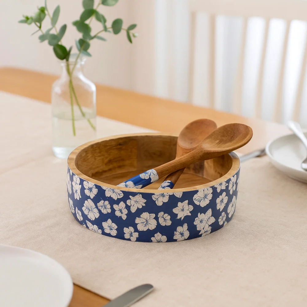 Hibiscus Enamelled Bowl & Servers Set – Handcrafted Mango Wood Salad Bowl with Serving Spoons