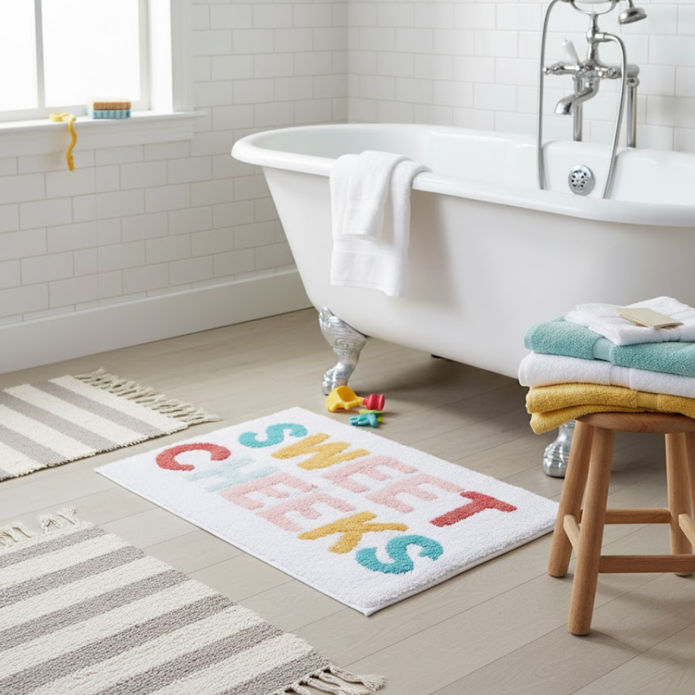 Quirky Typography Tufted Cotton Bathmat – Handcrafted Eco-Friendly Cotton Bath Mat
