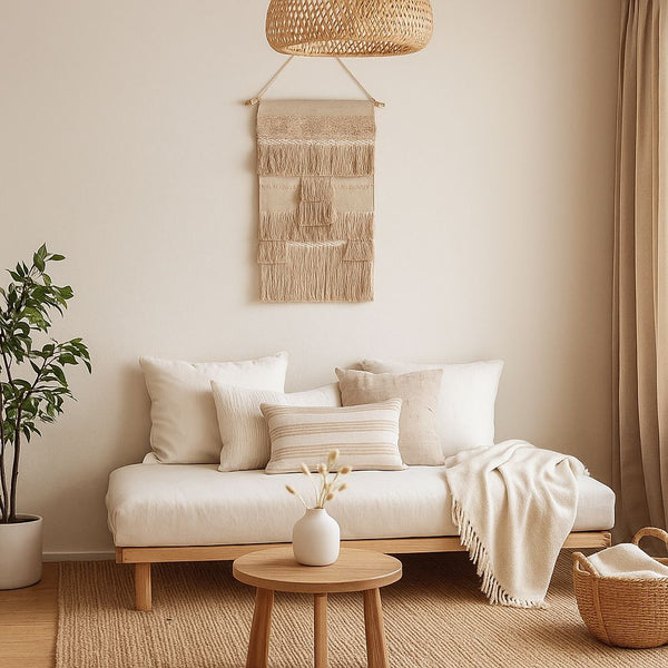 Beige Wool and Cotton Wall Hanging | Handwoven Fringe Boho Decor