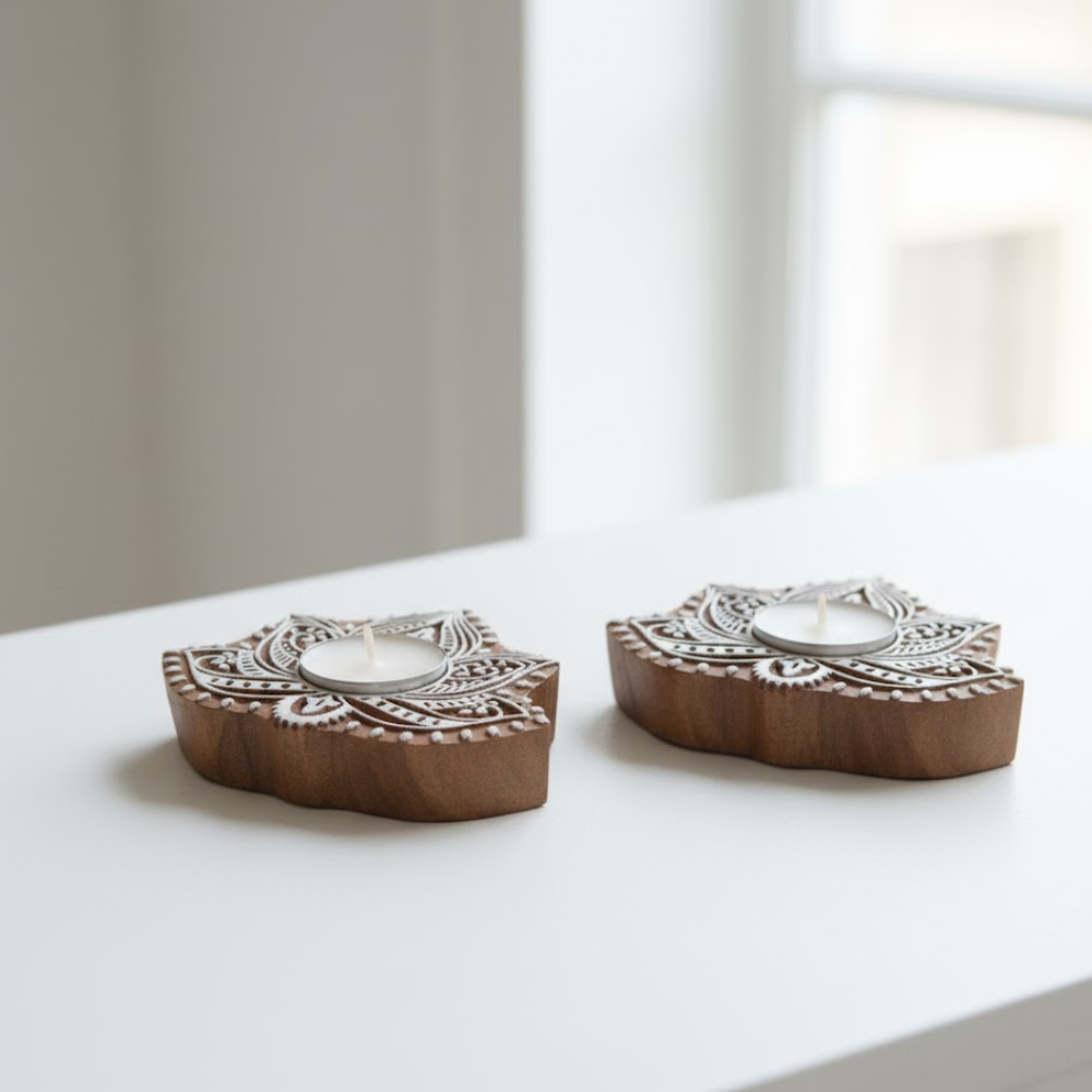 Hand Carved Wooden Lotus Tealight Holders (Set of 2) – Artisan Wooden Candle Holders with Tribal-Inspired Lotus Design