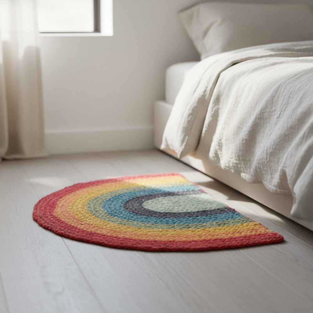 Braided Jute Rainbow Mat – Eco-Friendly Hand-Braided Door Mat in Natural Jute with Rainbow Accents
