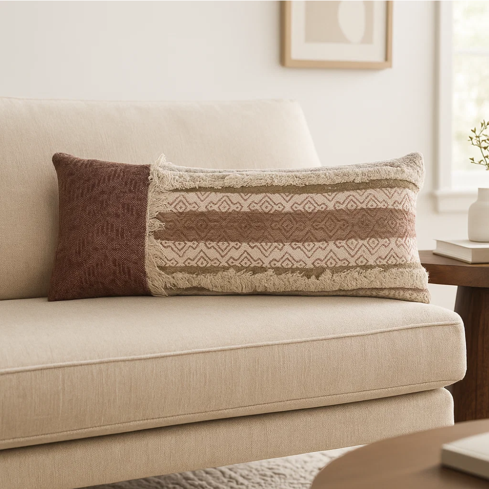 Block Printed & Tufted Lumbar Cotton Cushion Cover – Handcrafted Sofa Cushion Cover