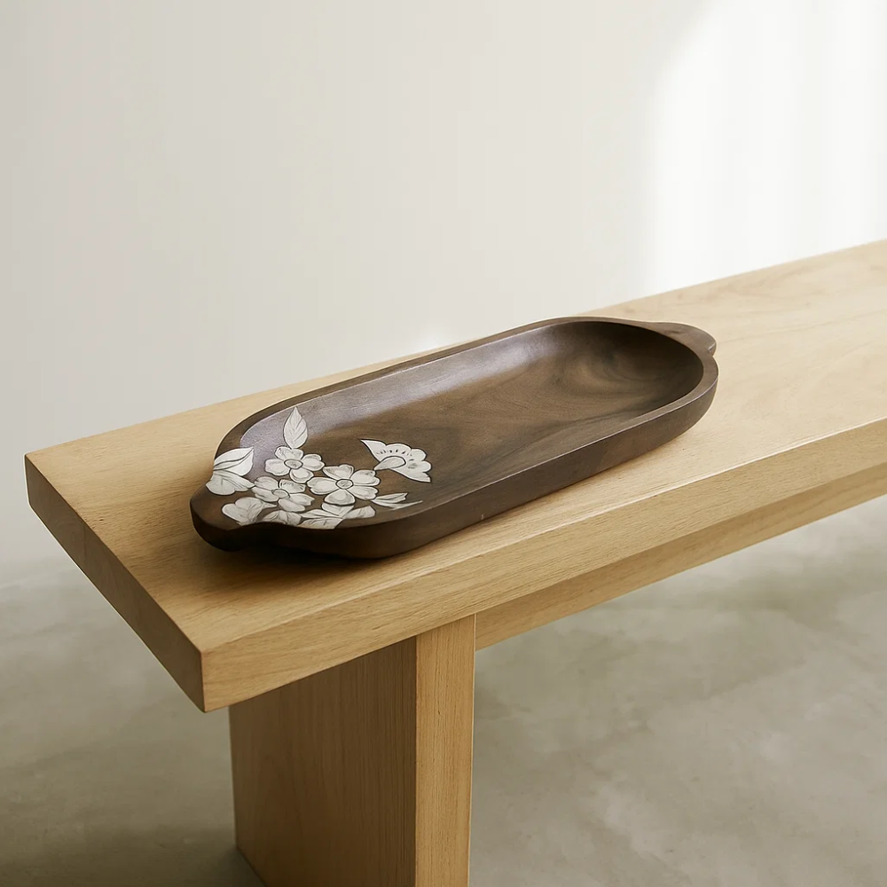 Hand Painted  Floral-Sketch Elongated Mango Wood Platter