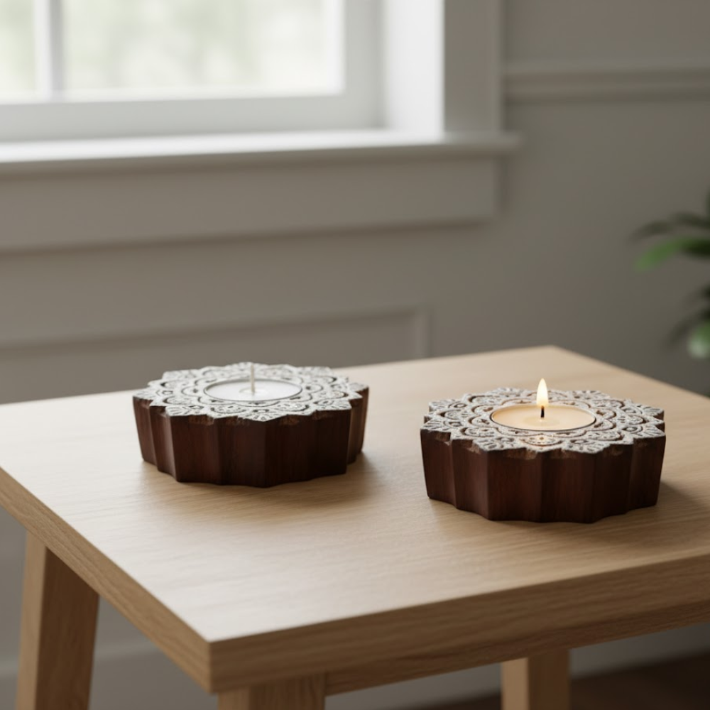 Hand Carved Wooden Mandala Tealight Holders (Set of 2) – Artisan Candle Holders with Intricate Mandala Design