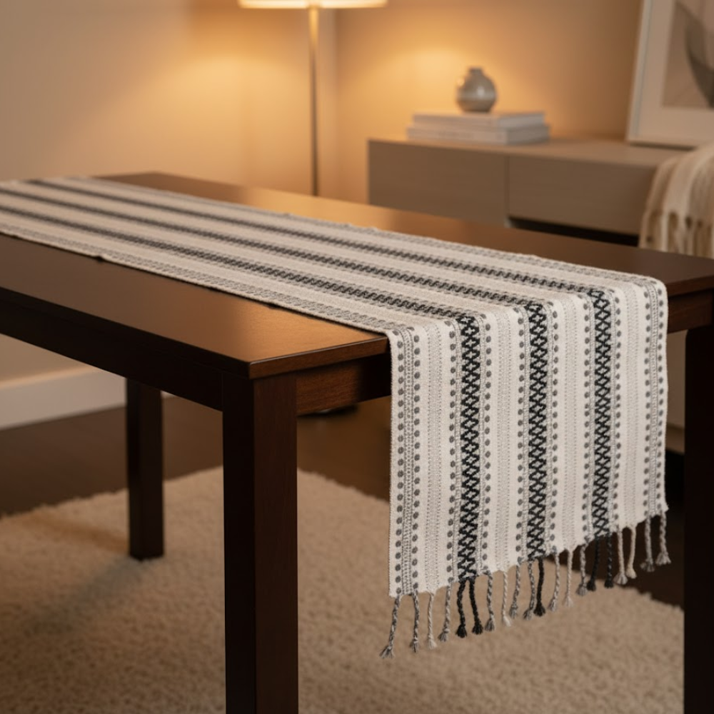 YarDyed Cotton Panelled Table Runner with Braided Tassels – Handwoven 100% Cotton Dining Table Runner
