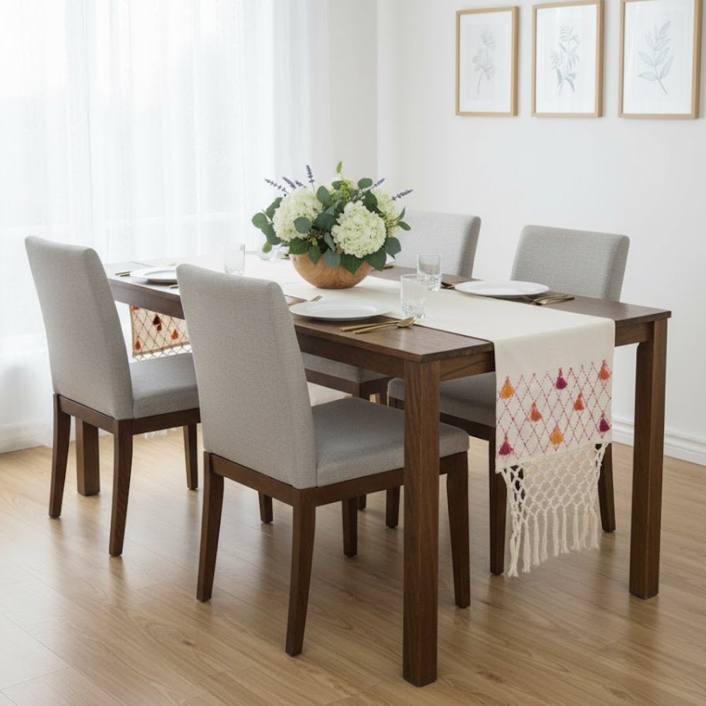 Handwoven Tassels & Net Design Cotton Table Runner